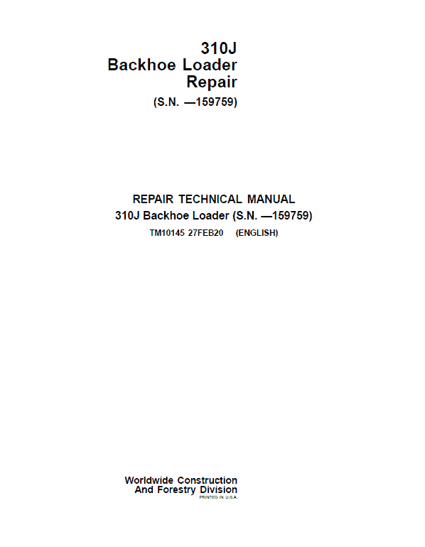 John Deere 310J Backhoe Loader Repair Service Manual (S.N before - 159759 )