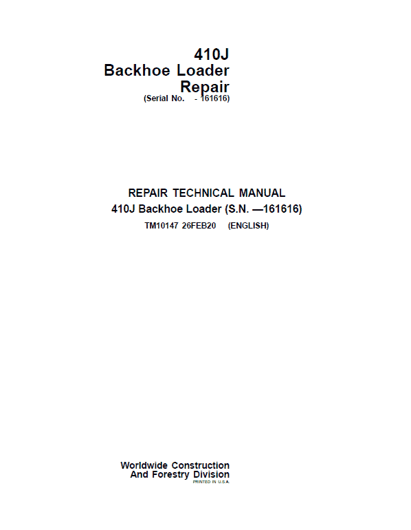John Deere 410J Backhoe Loader Repair Service Manual (S.N before - 161616 )