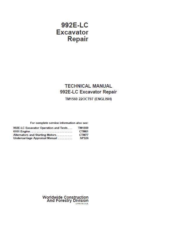 John Deere 992E LC Excavator Repair Service Manual