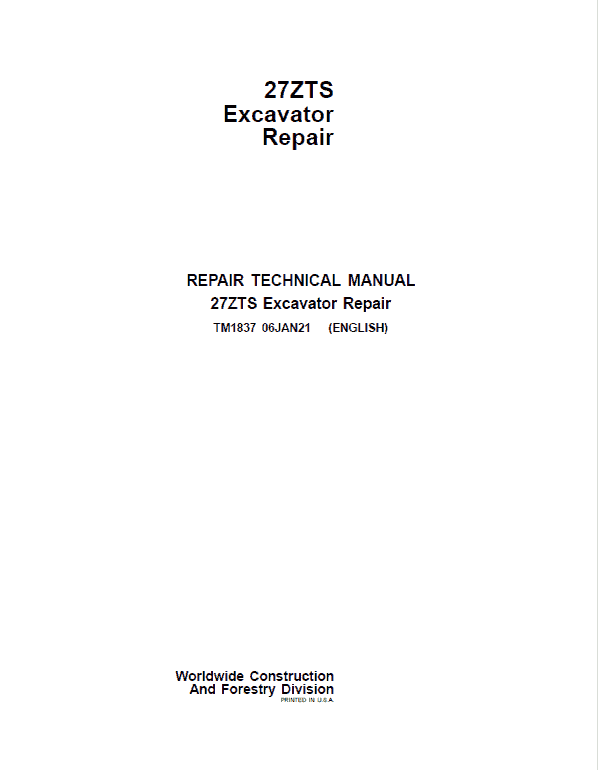 John Deere 27ZTS Excavator Repair Service Manual