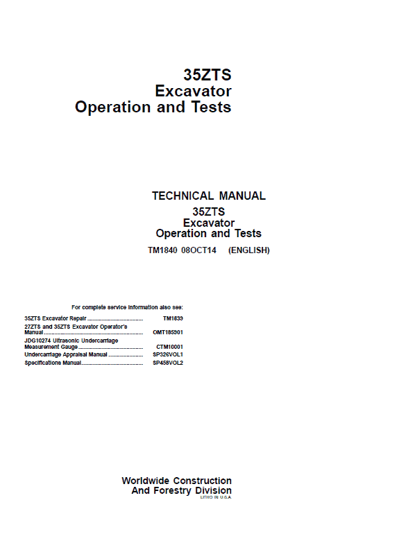 John Deere 35ZTS Excavator Repair Service Manual