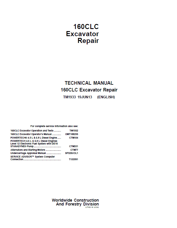 John Deere 160CLC Excavator Repair Service Manual