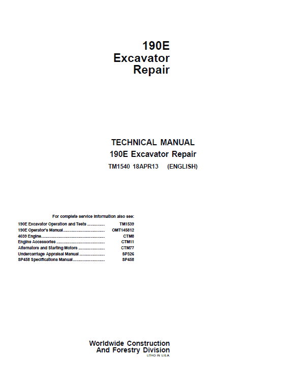 John Deere 190E Excavator Repair Service Manual