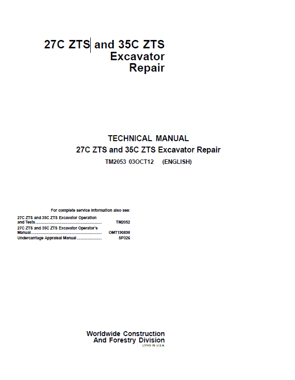 John Deere 27C ZTS, 35C ZTS Excavator Repair Service Manual