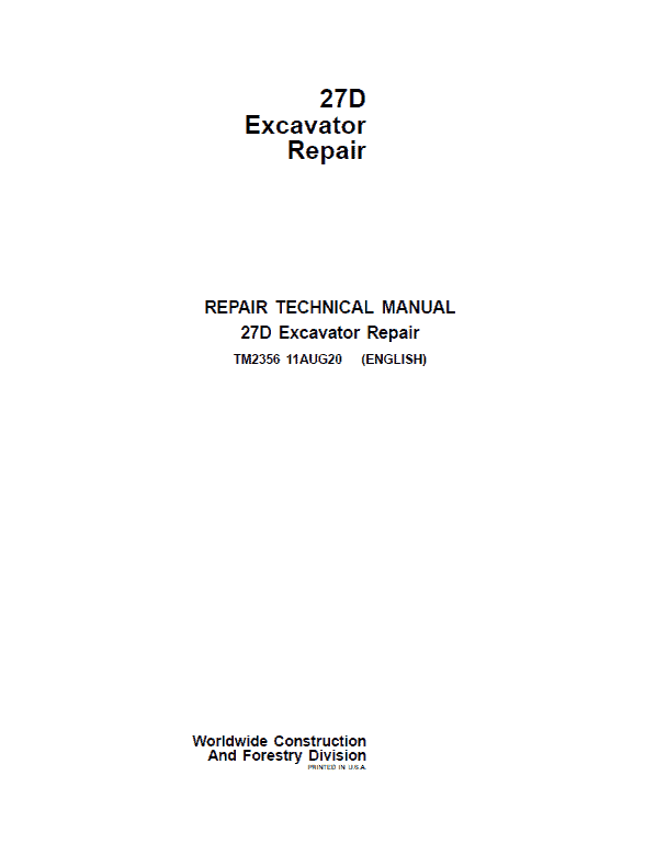 John Deere 27D Excavator Repair Service Manual