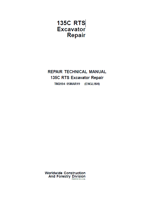 John Deere 135C RTS Excavator Repair Service Manual