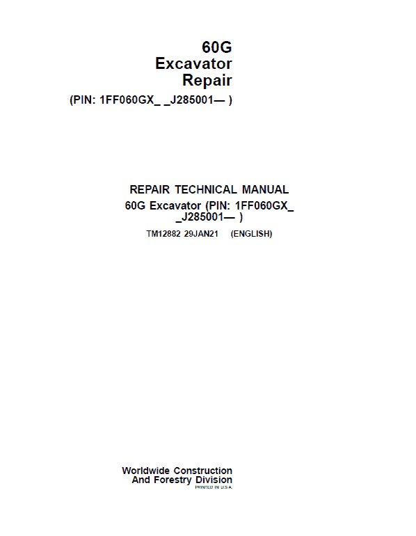 John Deere 60G Excavator Repair Service Manual (S.N after J285001 – )