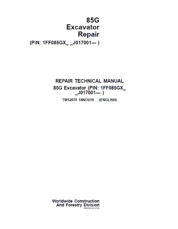 John Deere 85G Excavator Repair Service Manual (S.N after J017001 - )