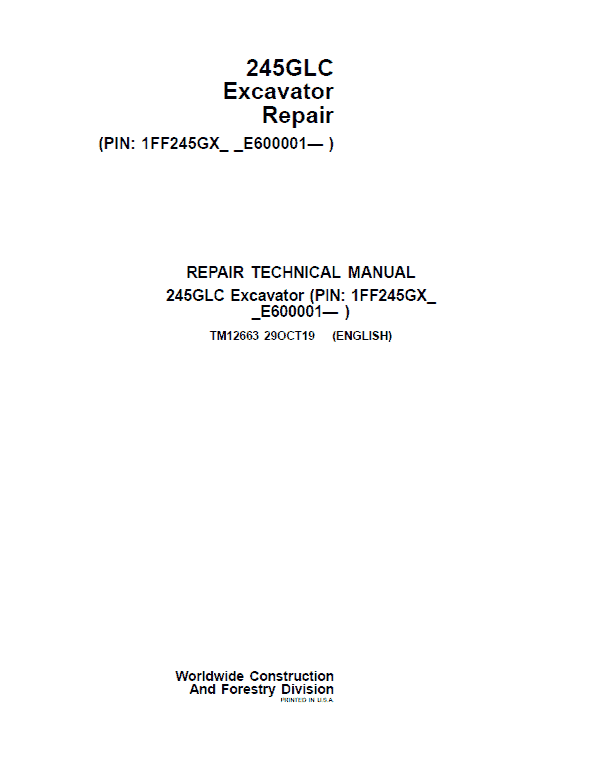 John Deere 245GLC Excavator Repair Service Manual (S.N after E600001 - )