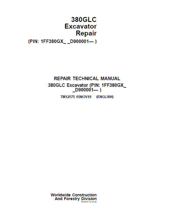 John Deere 380GLC Excavator Repair Service Manual (S.N after D900001 - )
