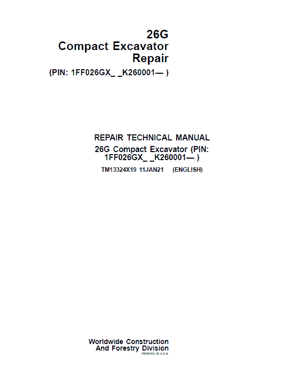 John Deere 26G Excavator Repair Service Manual (S.N after K260001)