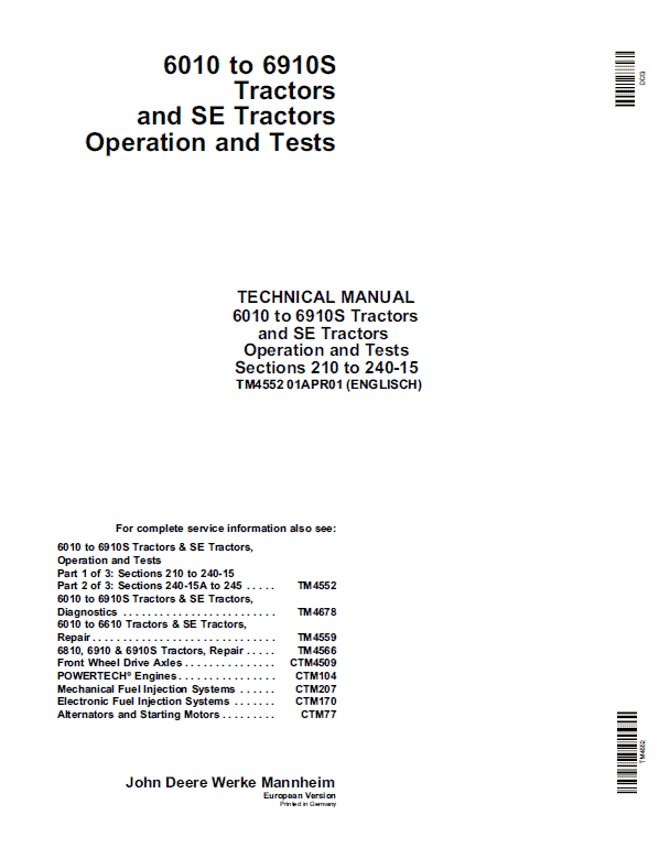 John Deere 6010 SE, 6110 SE, 6210 SE, 6310 SE, 6410 SE, 6510 SE, 6610 SE Tractor Manual