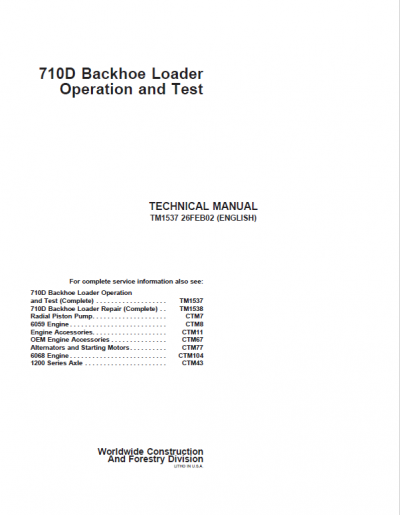 John Deere 710D Backhoe Loader Repair Technical Manual