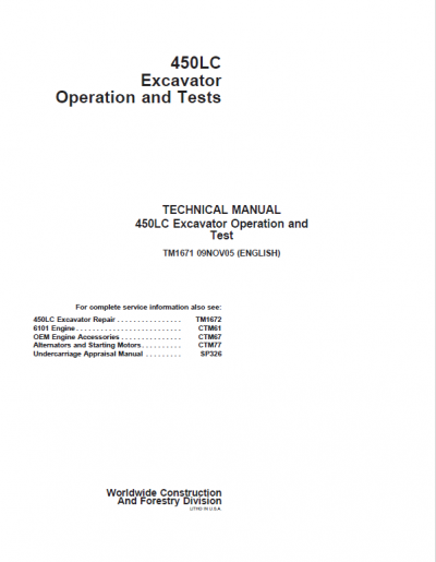 John Deere 450LC Excavator Repair Technical Manual