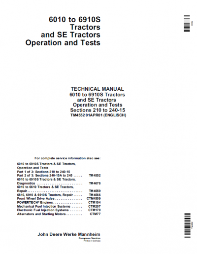 John Deere 6010, 6110, 6210, 6310, 6410, 6510, 6610 Tractor Service Manual