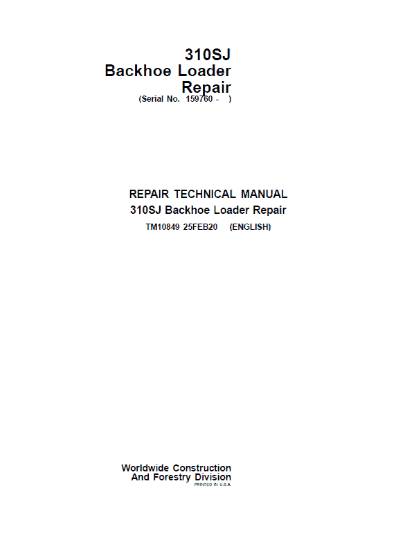 John Deere 310SJ Backhoe Loader Repair Service Manual (S.N after 159760 - )