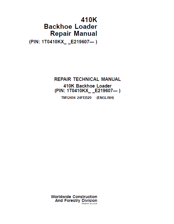 John Deere 410K Backhoe Loader Repair Service Manual (S.N after E219607 – )