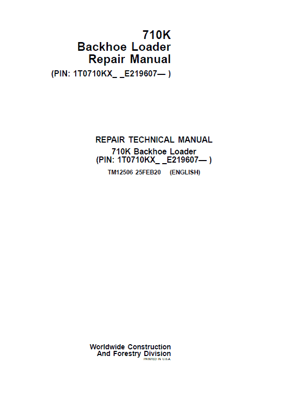 John Deere 710K Backhoe Loader Repair Service Manual (S.N after E219607 - )