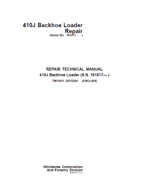 John Deere 410J Backhoe Loader Repair Service Manual (S.N after 161617 - )
