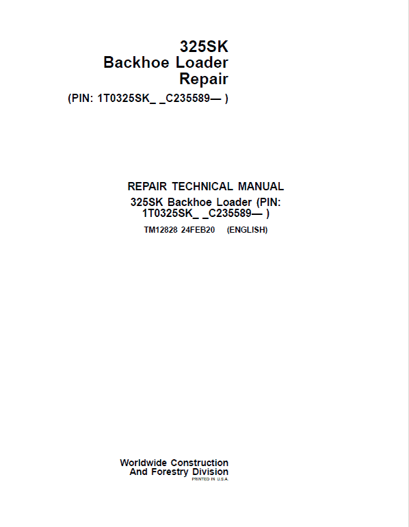 John Deere 325K Backhoe Loader Repair Service Manual (S.N after C235589 – )