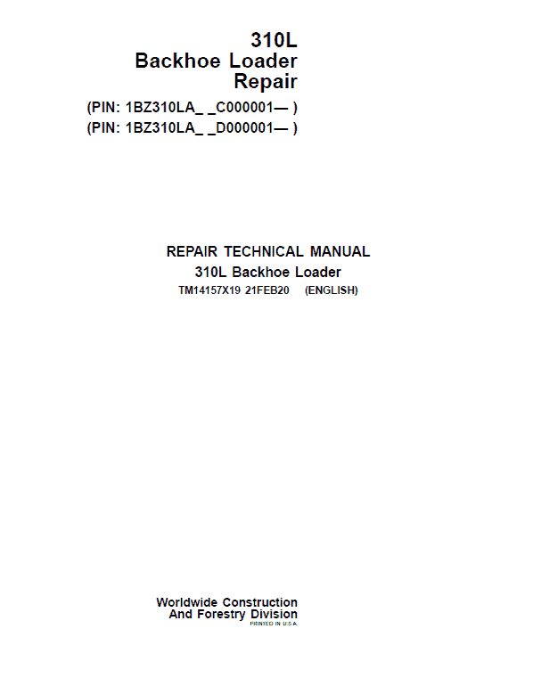 John Deere 310L Backhoe Loader Repair Service Manual (S.N after C000001 & D000001 – )