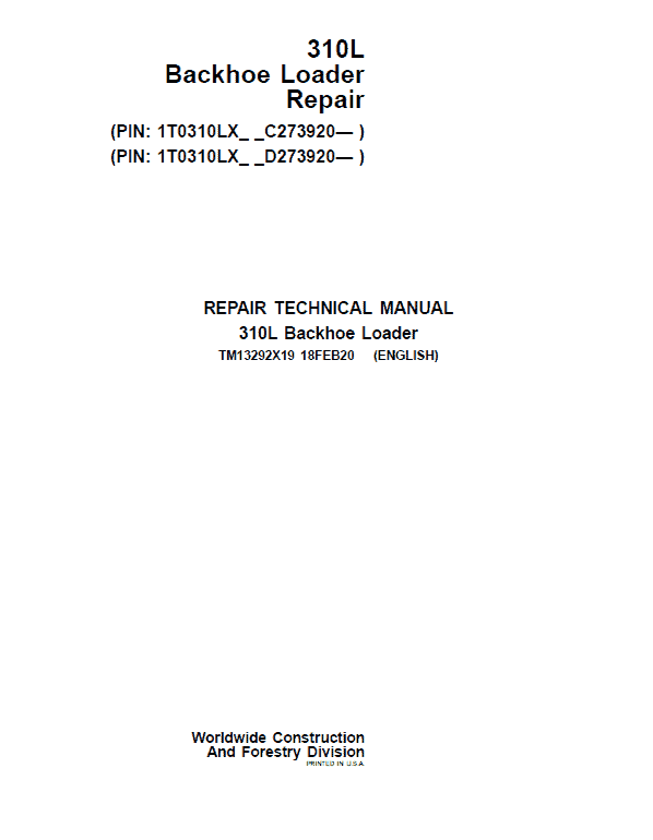John Deere 310L Backhoe Repair Service Manual (S.N after C273920 & D273920 – 390995)