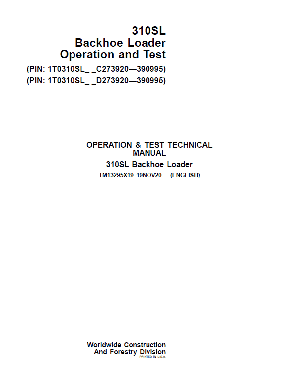 John Deere 310SL Backhoe Repair Service Manual (S.N after C273920 & D273920 - 390995)