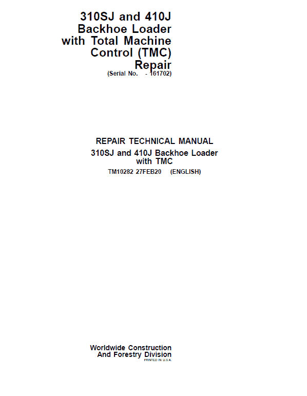 John Deere 310SJ, 410J Backhoe Loader (TMC) Service Manual (S.N before 161702 )