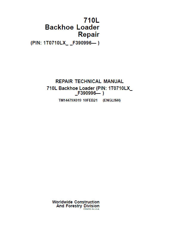 John Deere 710L Backhoe Loader Repair Service Manual (S.N after F390996 -)