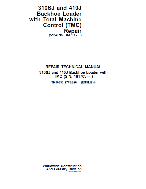 John Deere 310SJ, 410J Backhoe Loader (TMC) Service Manual (S.N after 161703 )