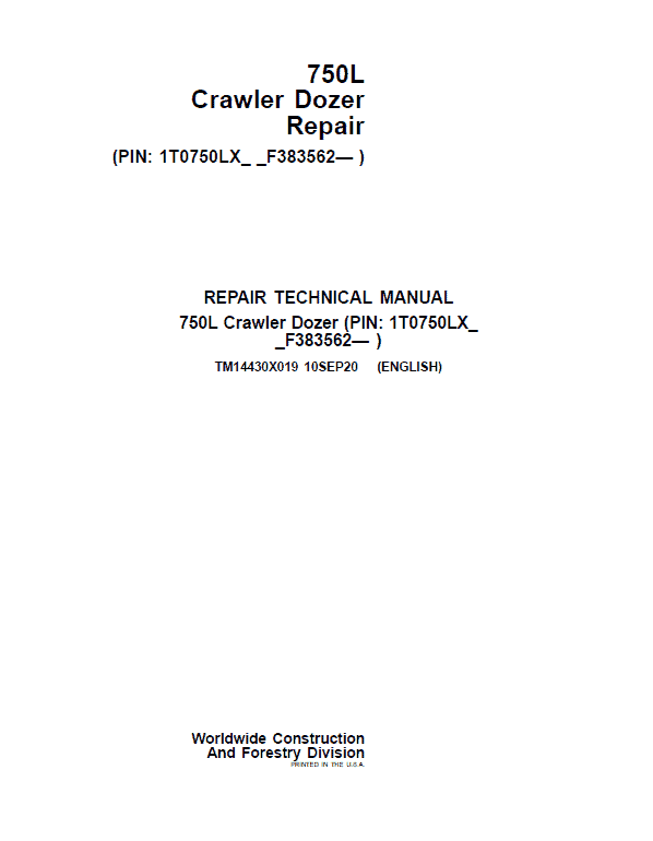 John Deere 750L Crawler Dozer Repair Service Manual (S.N after F383562 - )