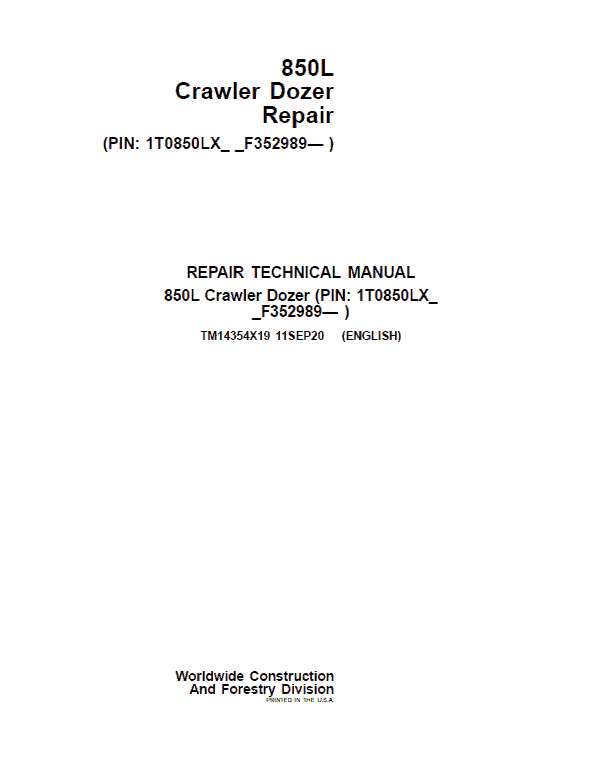 John Deere 850L Crawler Dozer Repair Service Manual (S.N after F352989 - )