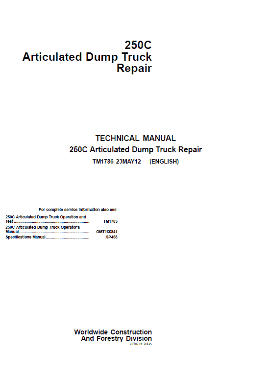 John Deere 250C Articulated Dump Truck Repair Service Manual