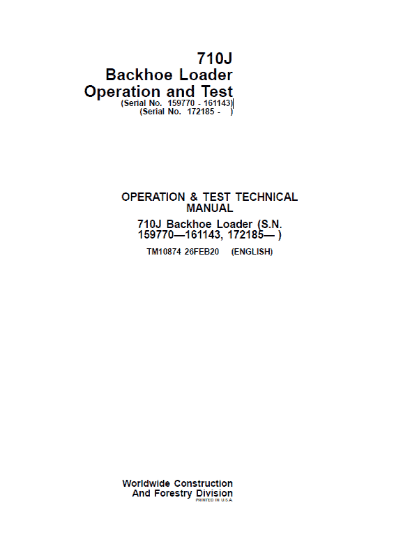 John Deere 710J Backhoe Loader Service Manual (S.N 159770 - 161143 and after 172185 - )