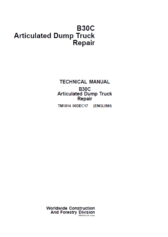 John Deere B30C Articulated Dump Truck Repair Service Manual