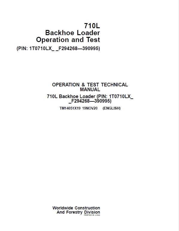 John Deere 710L Backhoe Loader Repair Service Manual (S.N after F294268 - F390995)