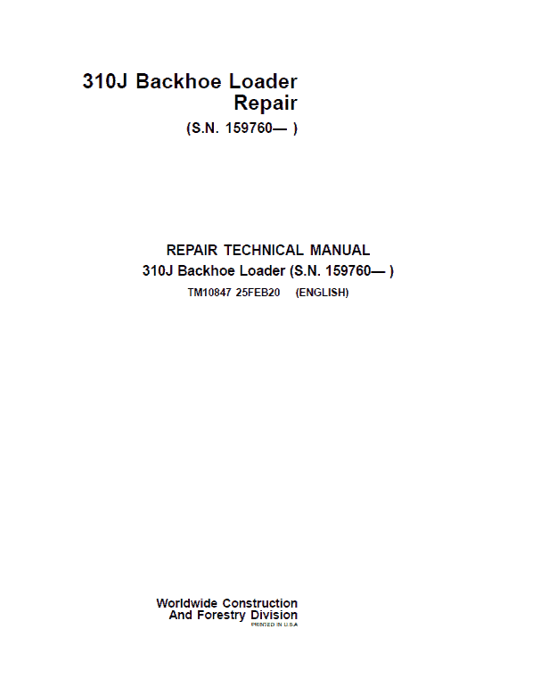 John Deere 310J Backhoe Loader Repair Service Manual (S.N after 159760 - )