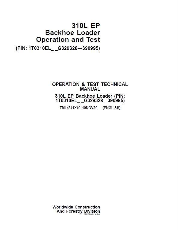 John Deere 310L EP Backhoe Loader Service Manual (S.N G329328 - G390995)