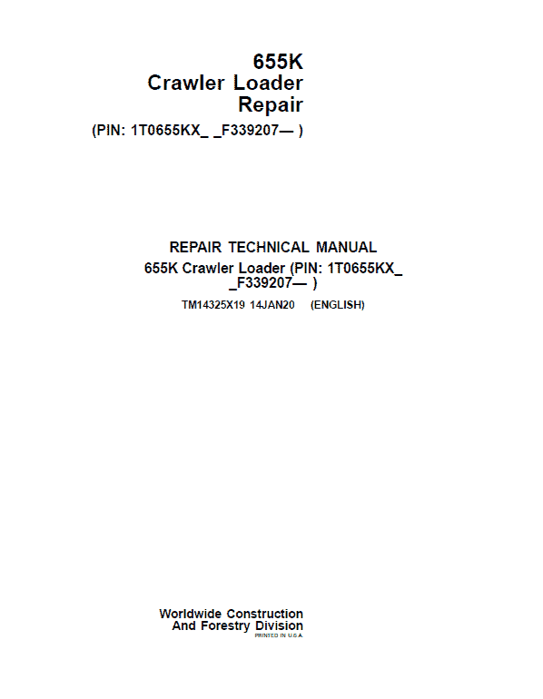 John Deere 655K Crawler Loader Repair Service Manual (S.N after F339207 - )