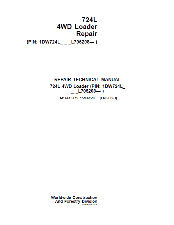 John Deere 724L 4WD Loader Repair Service Manual (S.N L705208 - )