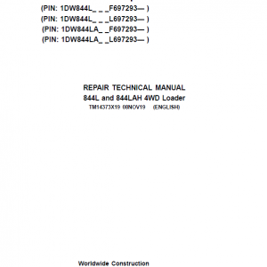 John Deere 844L, 844LAH 4WD Loader Repair Service Manual (S.N F697293 & L697293 - )