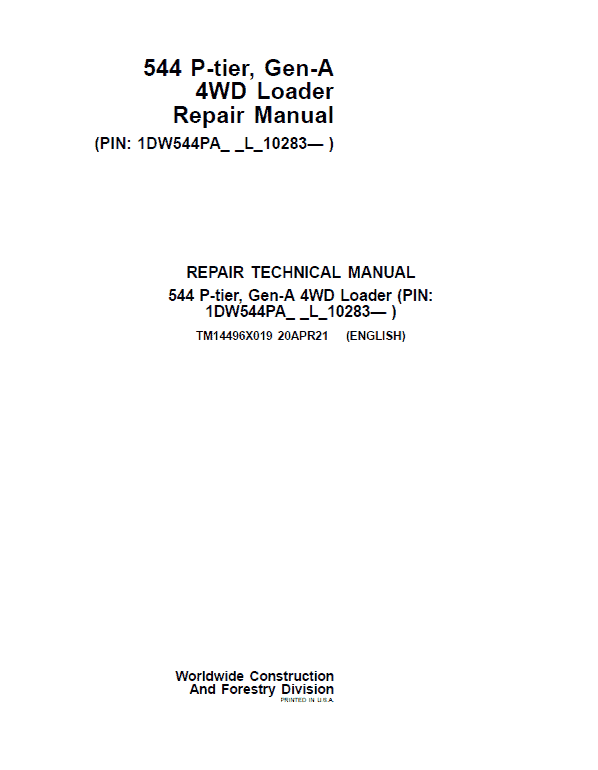 John Deere 544 P-Tier, Gen-A 4WD Loader Repair Service Manual (S.N L_10283 - )