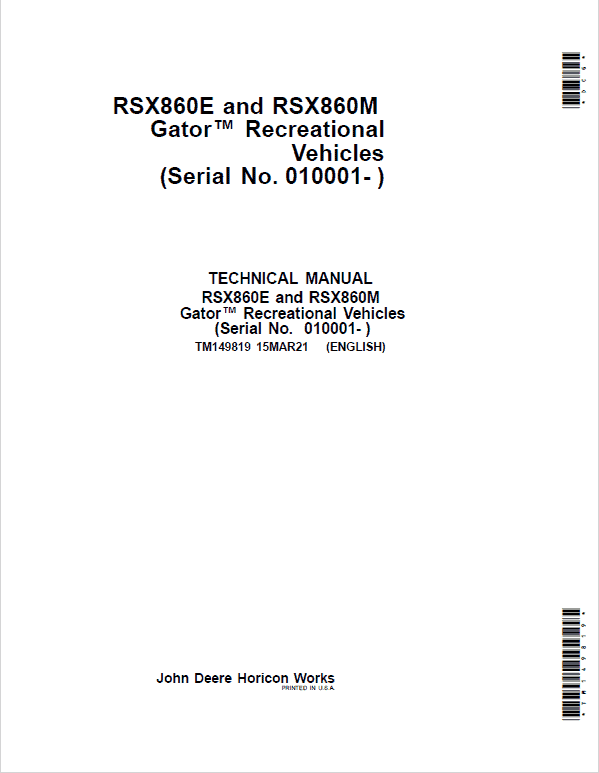 John Deere RSX860E, RSX860M Gator Recreational Vehicles Repair Manual (S.N after 010001-)