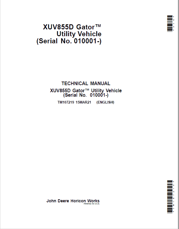 John Deere XUV855D Gator Utility Vehicle Repair Service Manual
