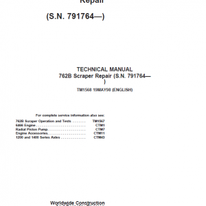 John Deere 762B Scraper Repair Service Manual (S.N after 791764)