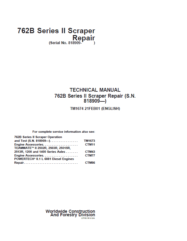 John Deere 762B Series II Scraper Repair Service Manual (S.N after 818909)