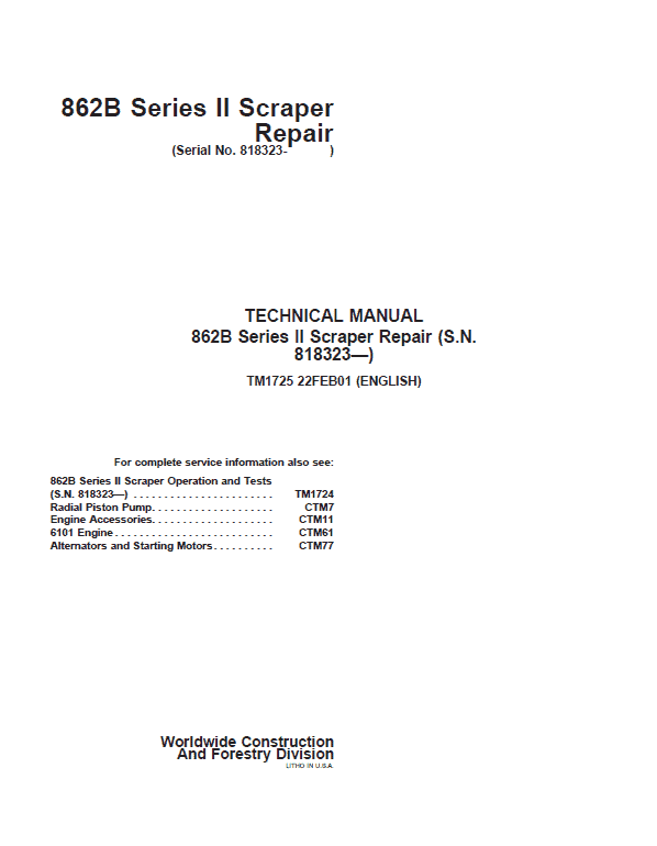 John Deere 862B Series II Scraper Repair Service Manual (S.N after 818323)