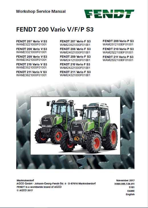Fendt 207, 208, 209, 210, 211 Vario VFP S3 Tractors Workshop Repair Manual