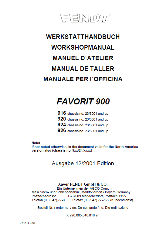 Fendt 916, 920, 924, 926 Vario COM II Tractors Workshop Repair Manual