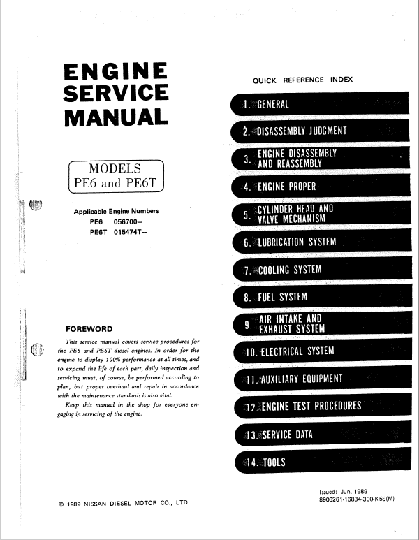 Nissan PE6, PE6T Diesel Engine Repair Service Manual